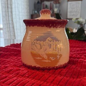 Source Unknown Cream and Red Ceramic Jar with Duck Motif